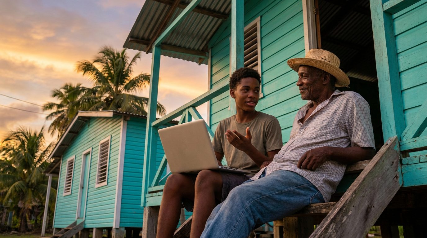 A Caribbean father and teenage son talking on the front steps of a turquoise island house at golden hour, a laptop open between them