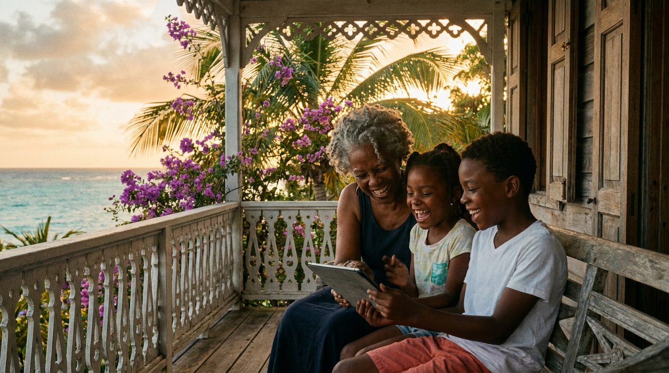 A Caribbean grandmother and two grandchildren sharing a tablet together on a veranda in golden afternoon light