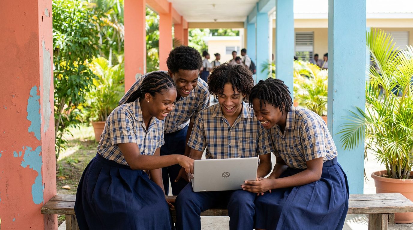 Caribbean high school students in uniform gathered around one laptop on a covered walkway of a colourful island school