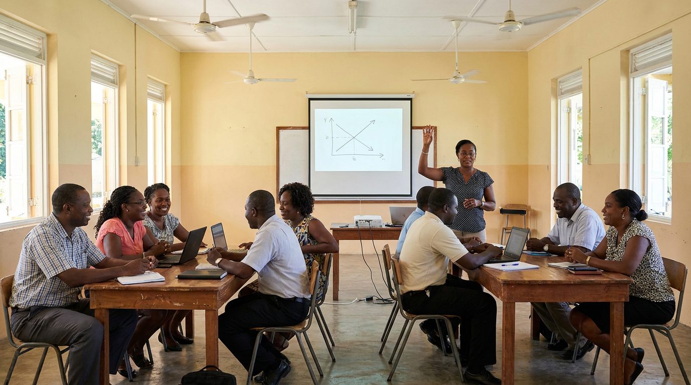 Caribbean teachers at a staff training session in a sunlit school hall with laptops and a projector
