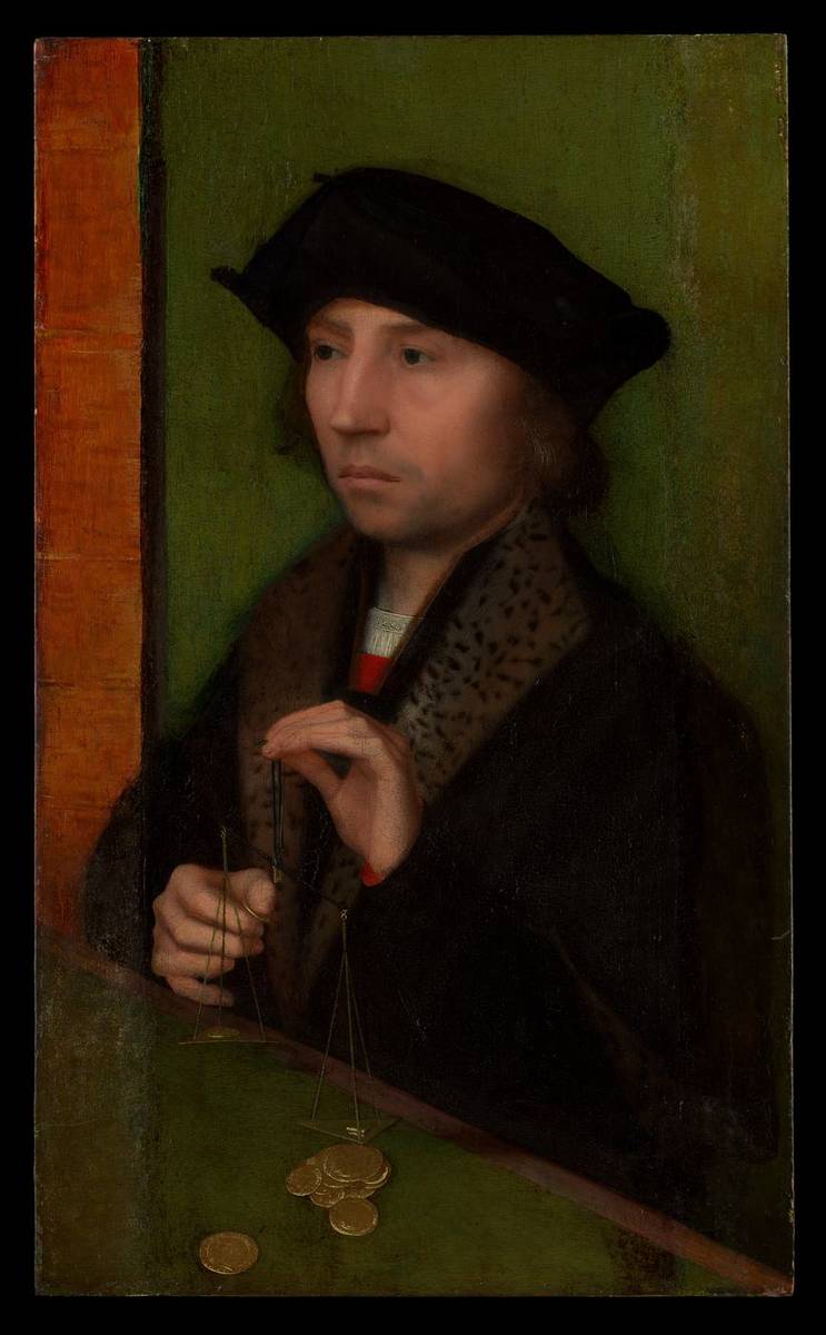 Man Weighing Gold, oil on wood by Adriaen Isenbrant