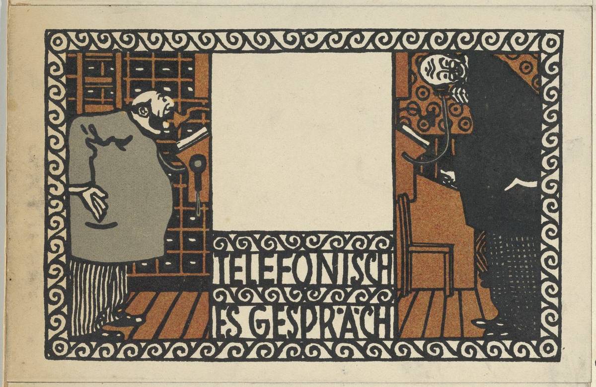 Telephone Conversation (Telefonisch Es Gespräch), color lithograph by Moriz Jung