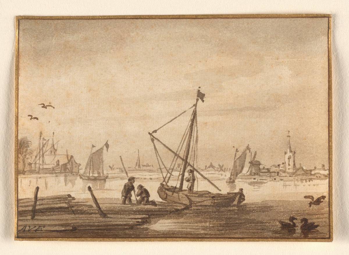 Harbor Scene, brush and brown ink by Allart van Everdingen