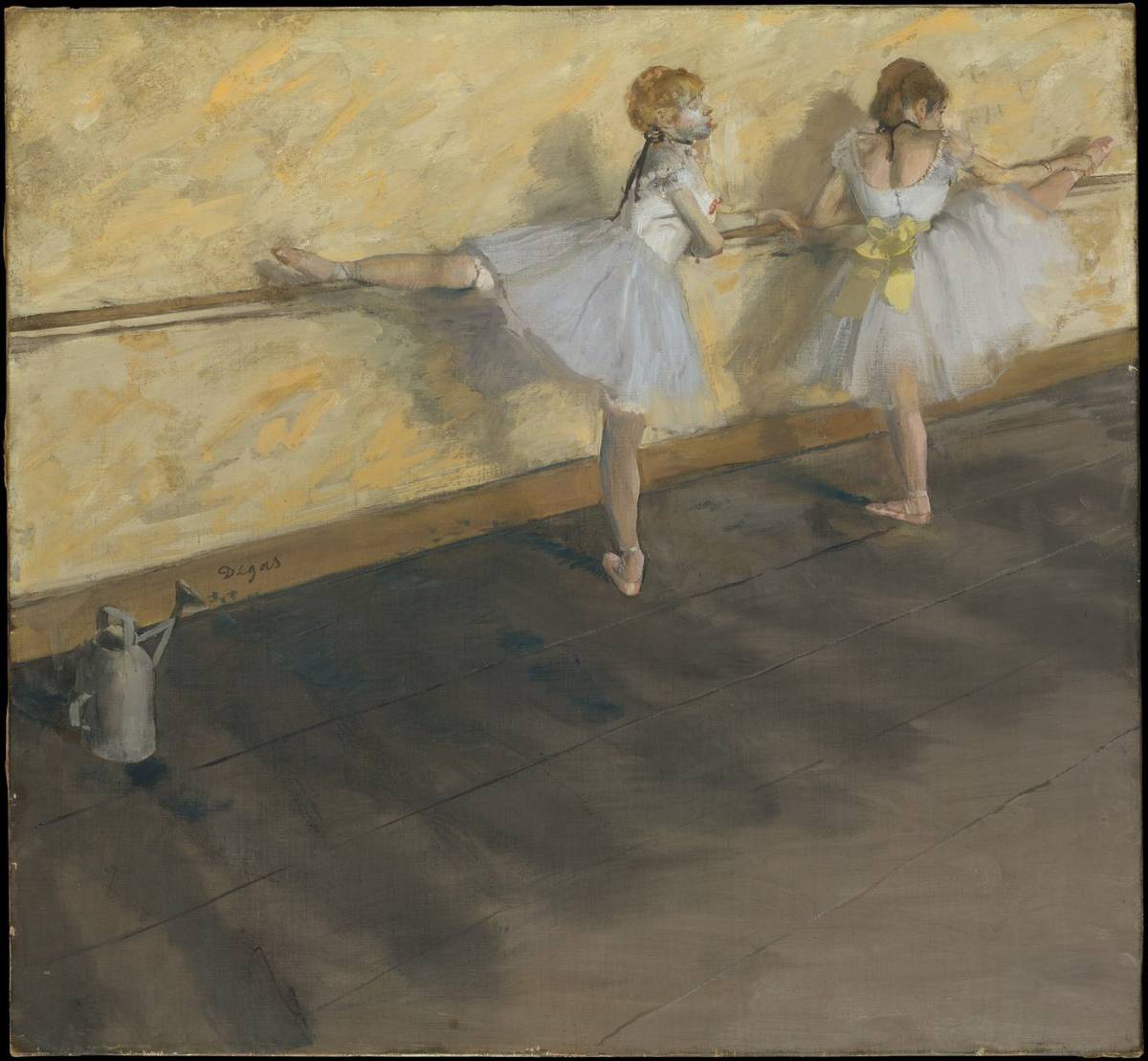 Dancers Practicing at the Barre, mixed media on canvas by Edgar Degas