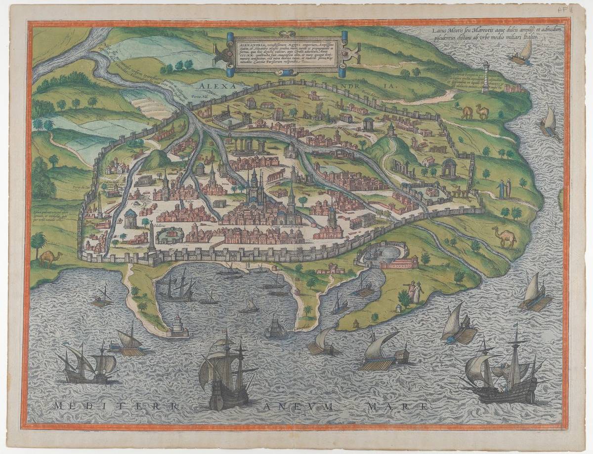 Map of Alexandria, etching, hand colored by Georg Braun
