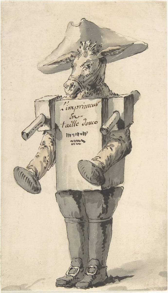 Caricature of a Printer, pen and black ink, brush and gray and colored wash, over traces of black chalk by Jean Charles Delafosse