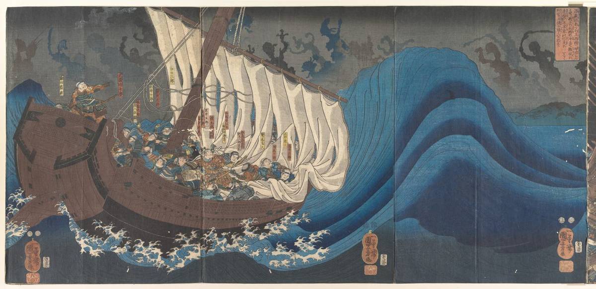 Ghosts of the Taira at Daimotsu Bay, triptych of woodblock prints (nishiki-e) by Utagawa Kuniyoshi