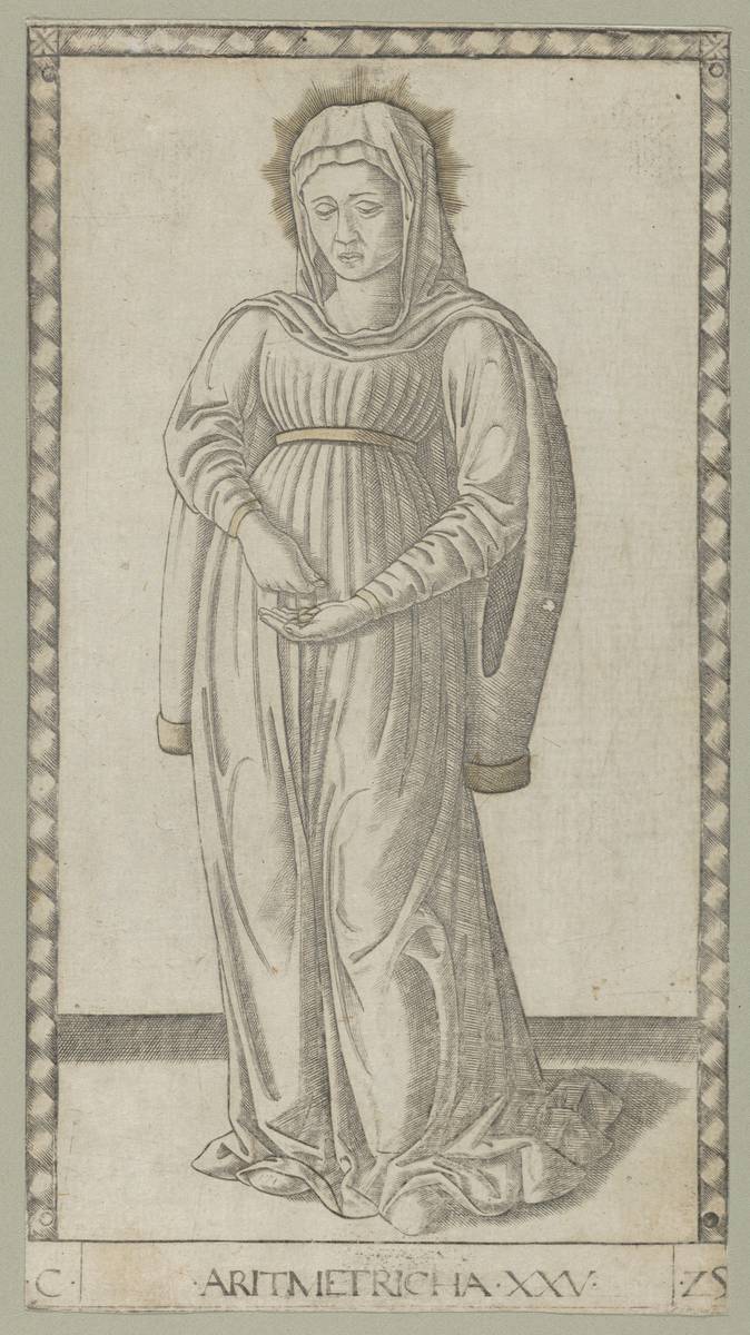Arithmetic, engraving with gold hand coloring by Master of the E-Series Tarocchi