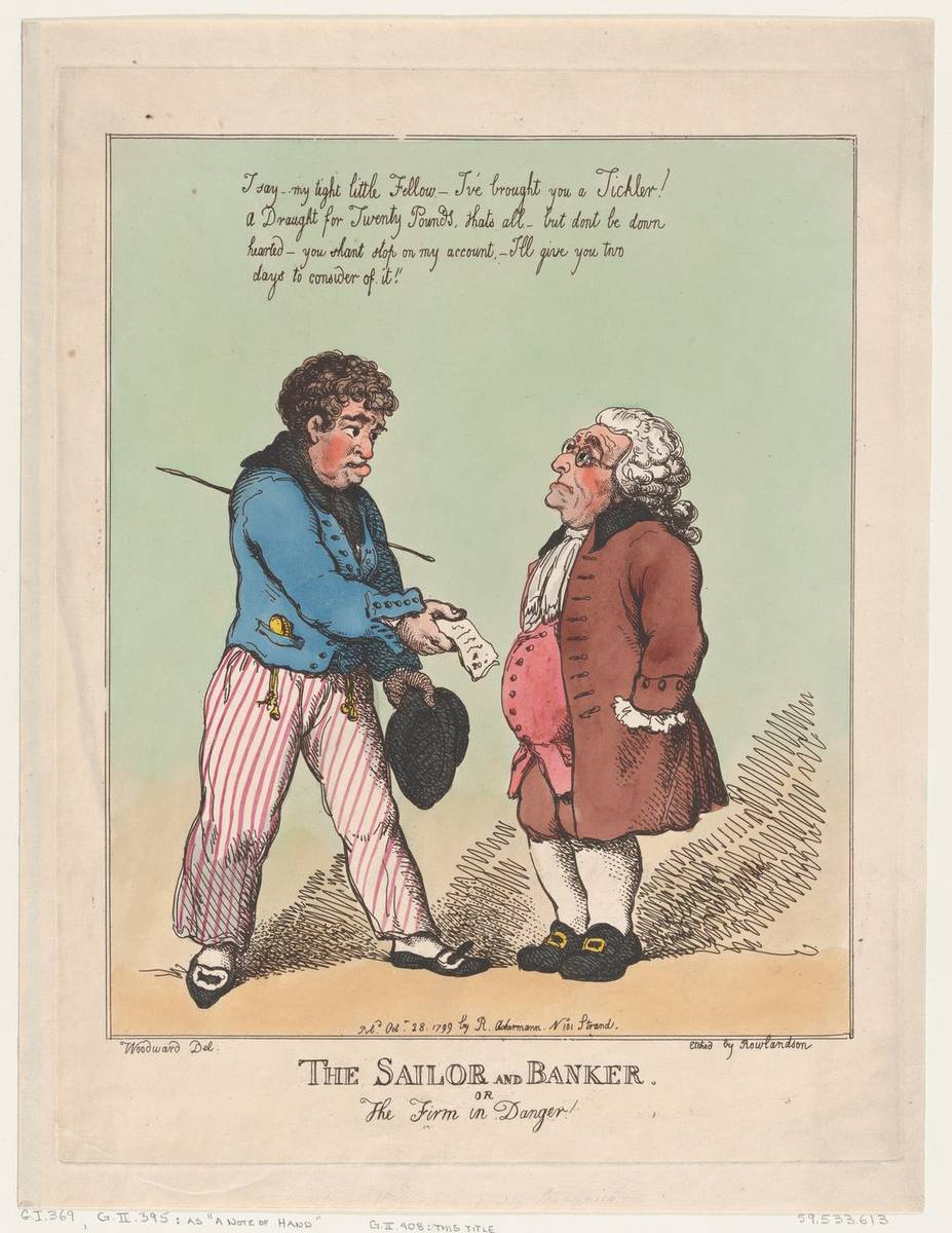 The Sailor and Banker, hand-colored etching by Thomas Rowlandson