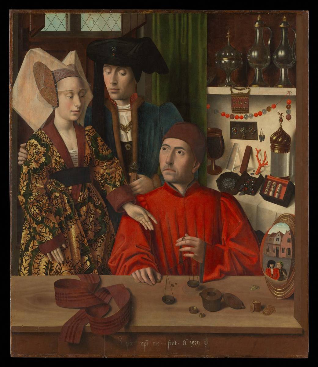 A Goldsmith in his Shop, oil on oak panel by Petrus Christus
