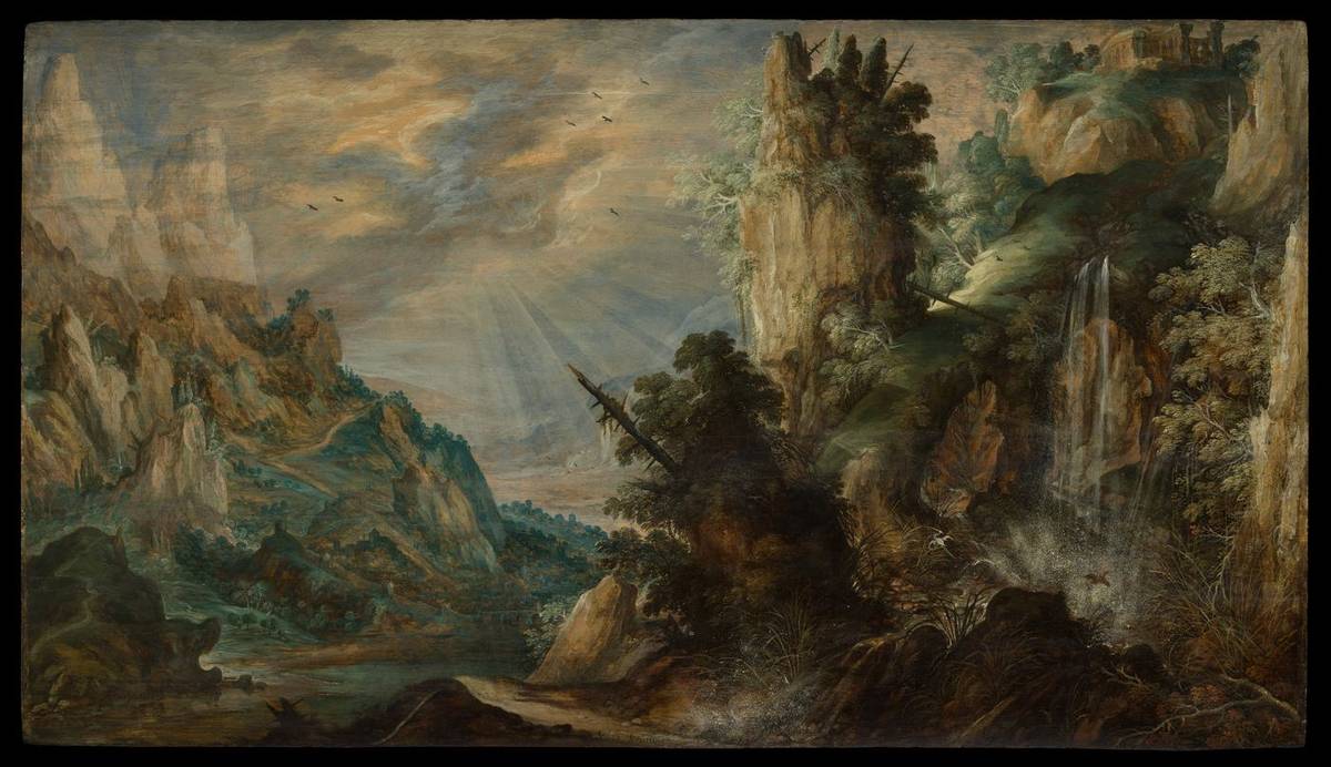 A Mountainous Landscape with a Waterfall, oil on wood by Kerstiaen de Keuninck