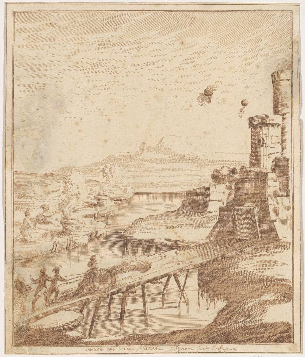 The Siege of a Fortress, pen and brown ink by Carlo Antonio Buffagnotti