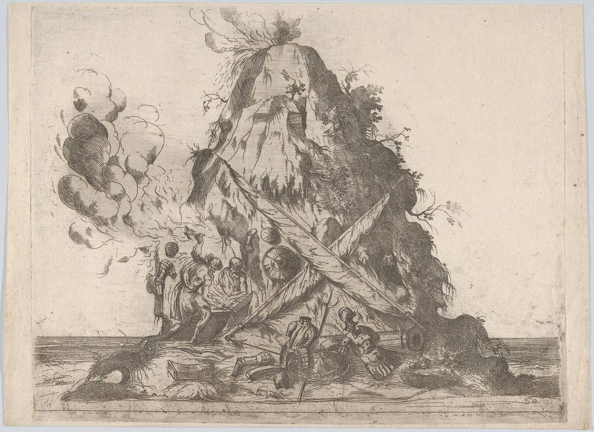 Volcano at center with blacksmiths working at left and armor on the ground around them, etching by Anonymous, German, 16th century