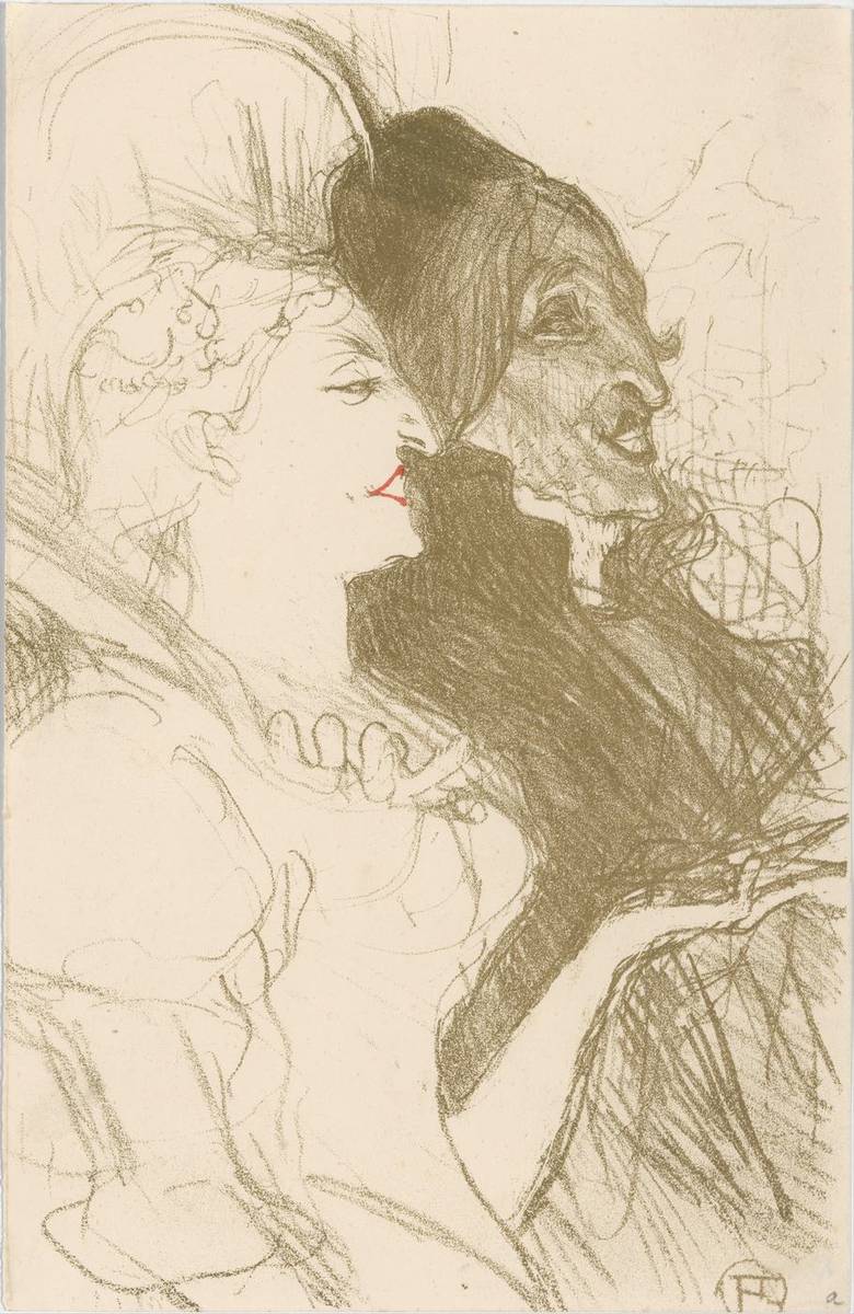 Carnival, crayon and brush lithograph with scraper printed in olive green and red on wove paper trimmed at plate mark by Henri de Toulouse-Lautrec