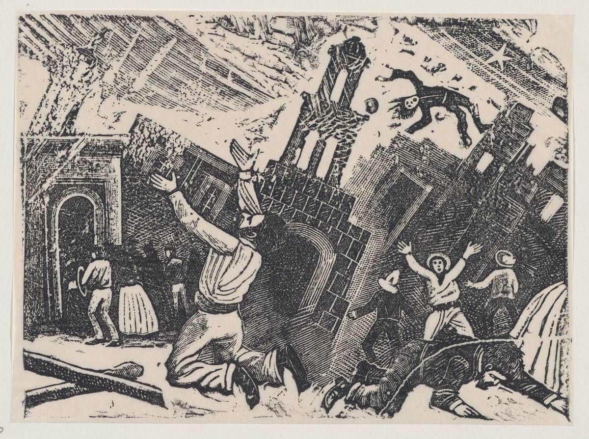 Chaos during an earthquake, type-metal engraving by José Guadalupe Posada