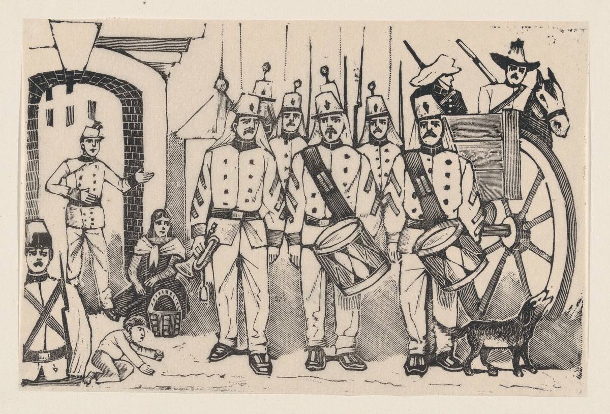 A marching band standing in a street, illustration from 'La gorra del cuartel', type-metal engraving by José Guadalupe Posada