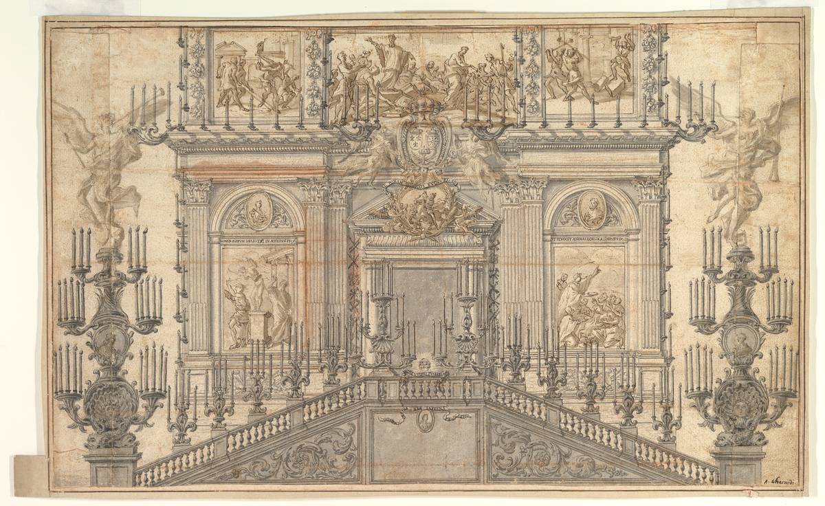 Festival decoration, pen and black and brown ink, red chalk, brush with gray and brown wash. by Antonio Gherardi