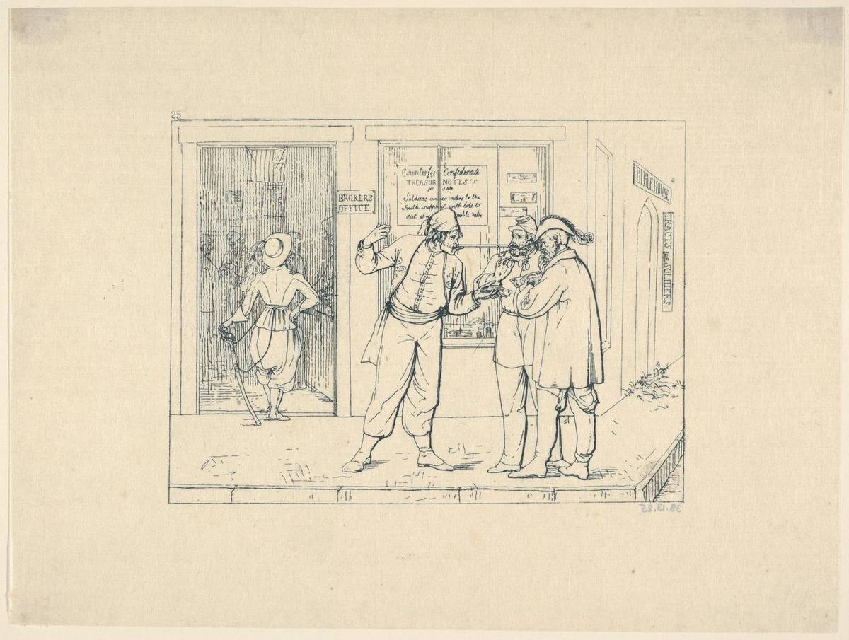 Counterfeit Confederate Notes Publicly Offered for Sale in the "City of Brotherly Love" (from Confederate War Etchings), etching by Adalbert John Volck