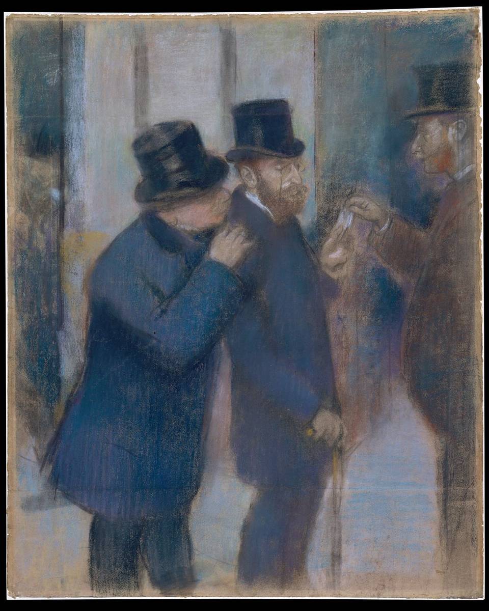 Portraits at the Stock Exchange, pastel on paper, pieced, and laid down on canvas by Edgar Degas