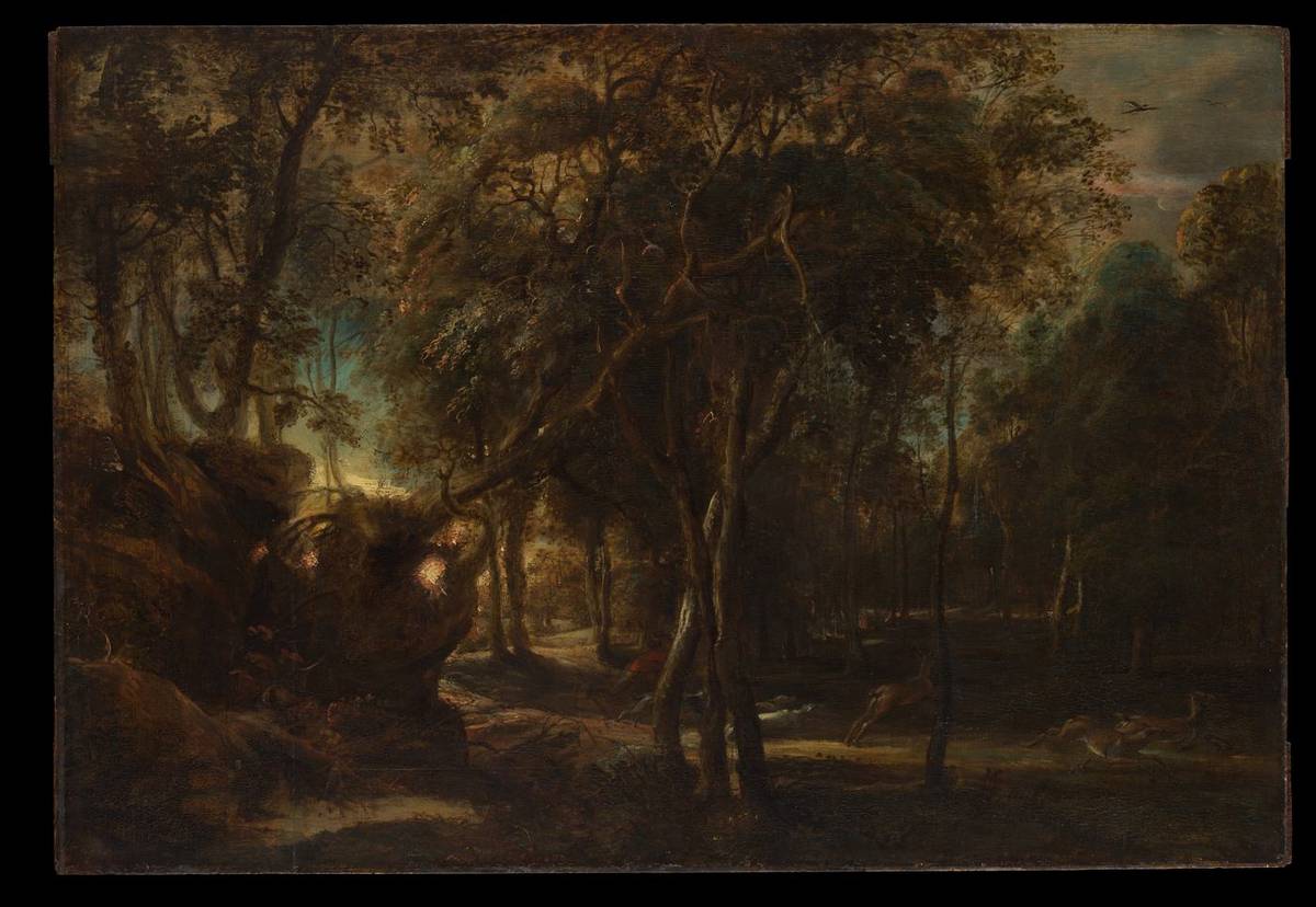 A Forest at Dawn with a Deer Hunt, oil on wood by Peter Paul Rubens