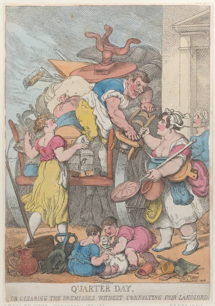 Quarter Day, or Clearing the Premises without Consulting Your Landlord, hand-colored etching by Thomas Rowlandson