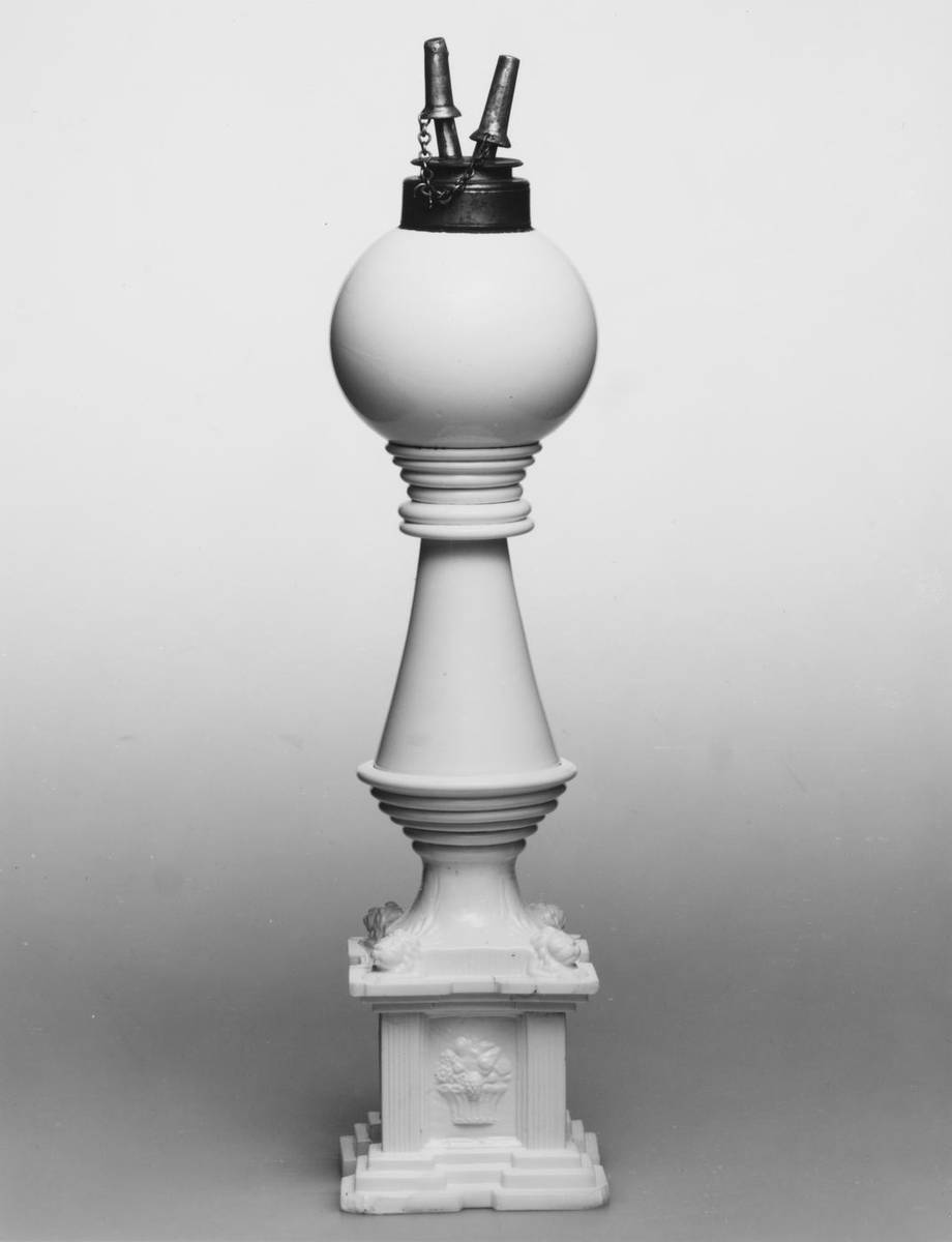 Oil Lamp, pressed and free-blown white opaque glass by New England Glass Company