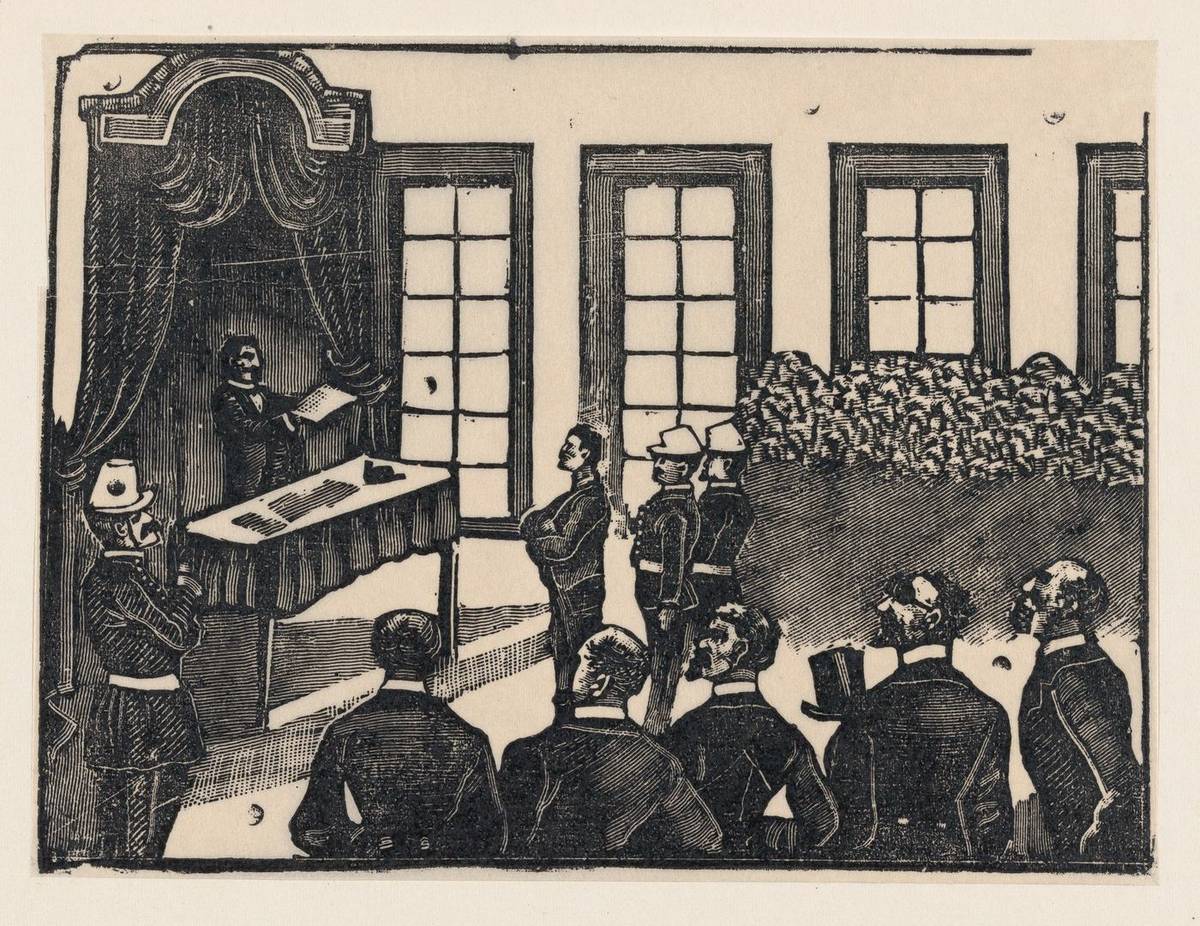 A courtroom scene, type-metal engraving by José Guadalupe Posada