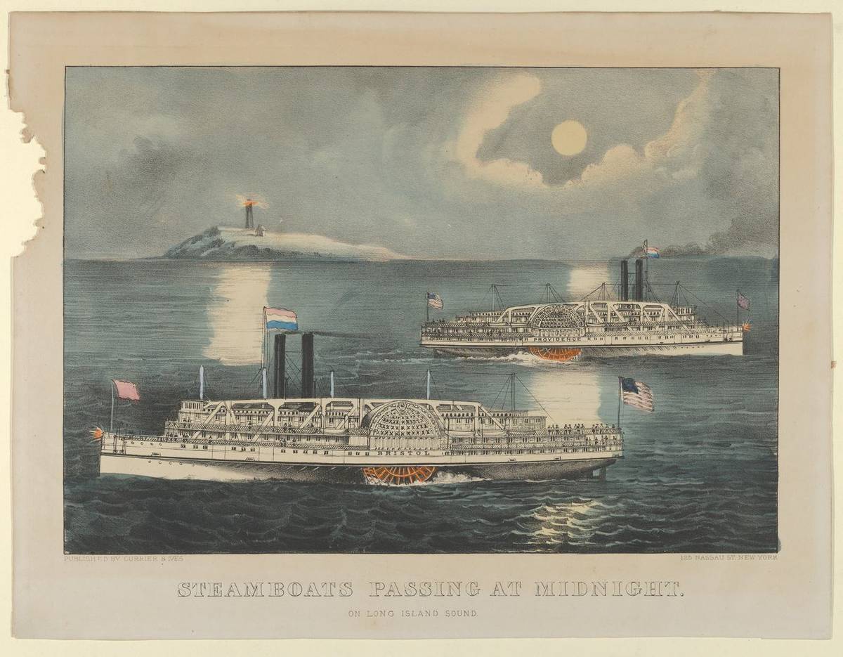 Steamboats Passing at Midnight, On Long Island Sound, hand-colored lithograph by Currier & Ives