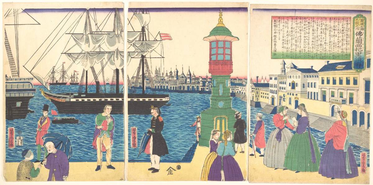 Storehouse in Paris, France, triptych of woodblock prints by Japan
