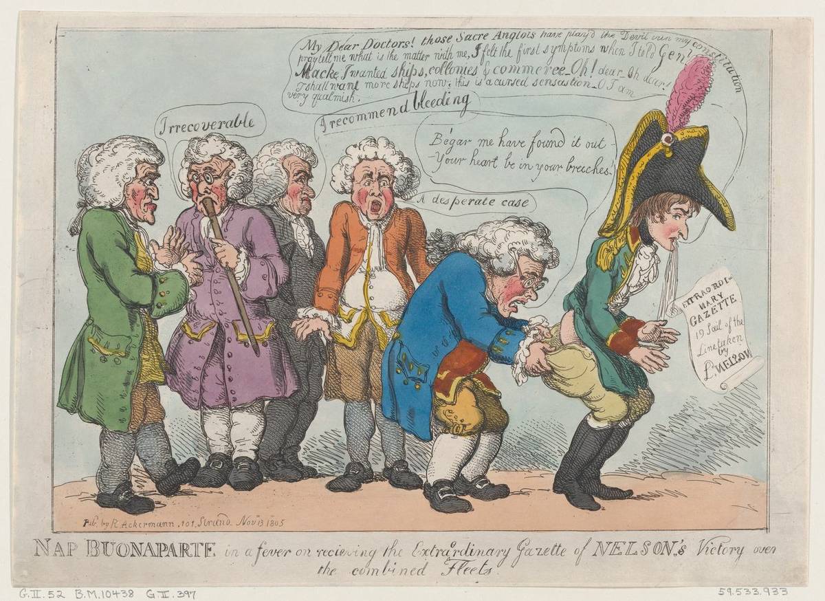 Nap Buonaparte in a Fever on Receiving the Extraordinary Gazette of Nelson's Victory Over the Combined Fleets, hand-colored etching by Thomas Rowlandson
