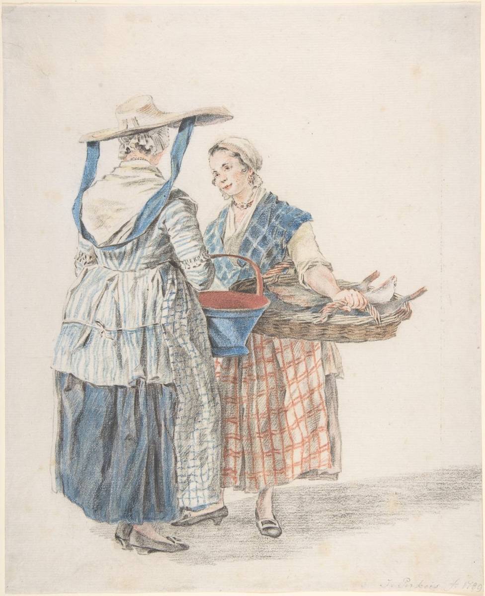 Two Market Women, blue chalk, black chalk, and watercolor by Jacobus Perkois