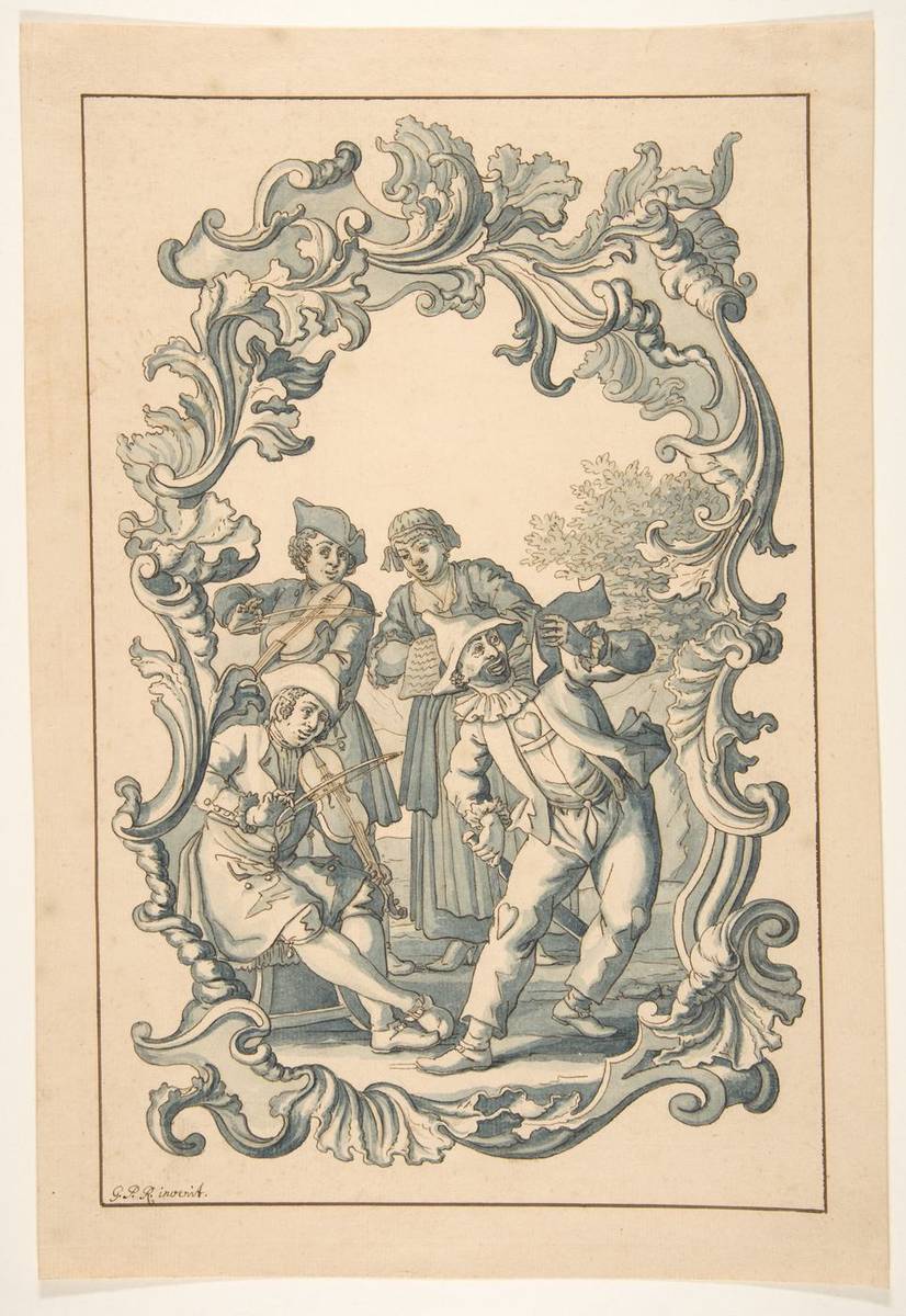 Three Musicians and Harlequin in an Ornamental Frame, pen and brown ink, brush and blue-gray wash by Georg Philipp Rugendas II