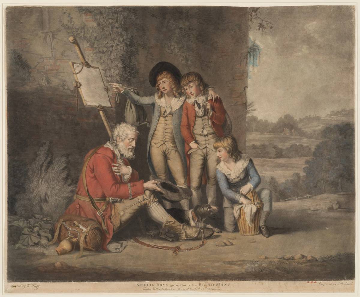 Schoolboys Giving Charity to a Blind Man, hand-colored mezzotint by John Raphael Smith