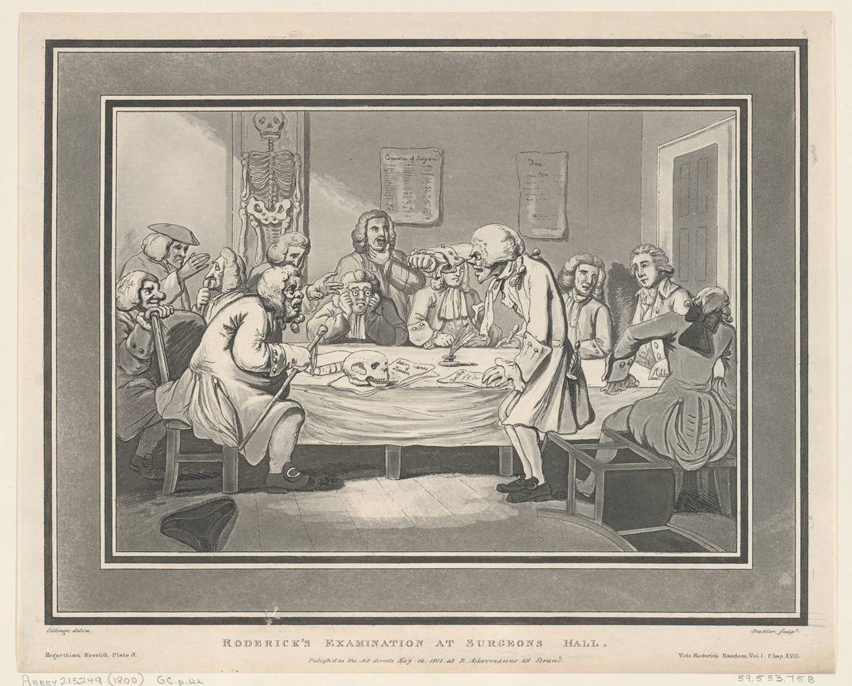 Roderick's Examination at Surgeon's Hall, etching and aquatint by Thomas Rowlandson
