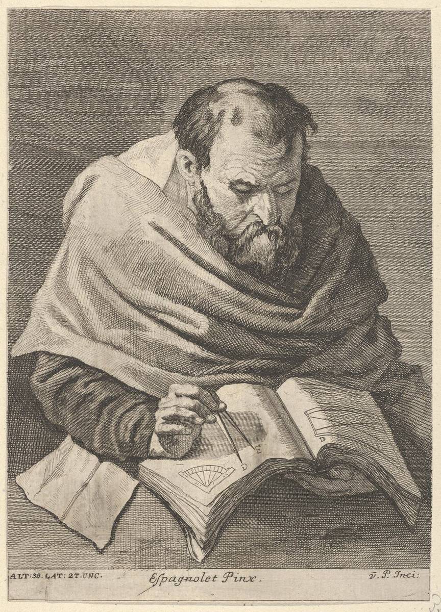 A mathematician seated at a table, working on mathematical equations, plate 34 from a portfolio of prints of the Imperial Gallery of Paintings in Vienna, etching by Anton Joseph von Prenner