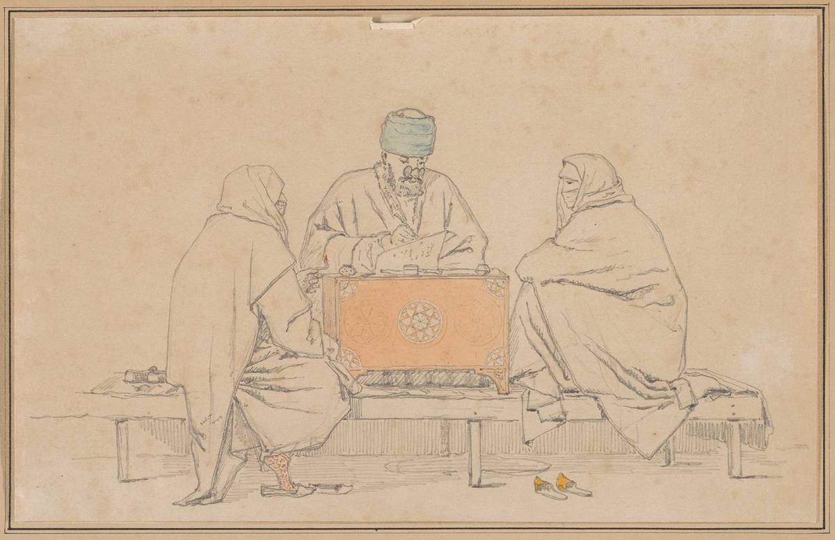 A Turkish Notary and Two Women, graphite, watercolor by Martinus Rørbye