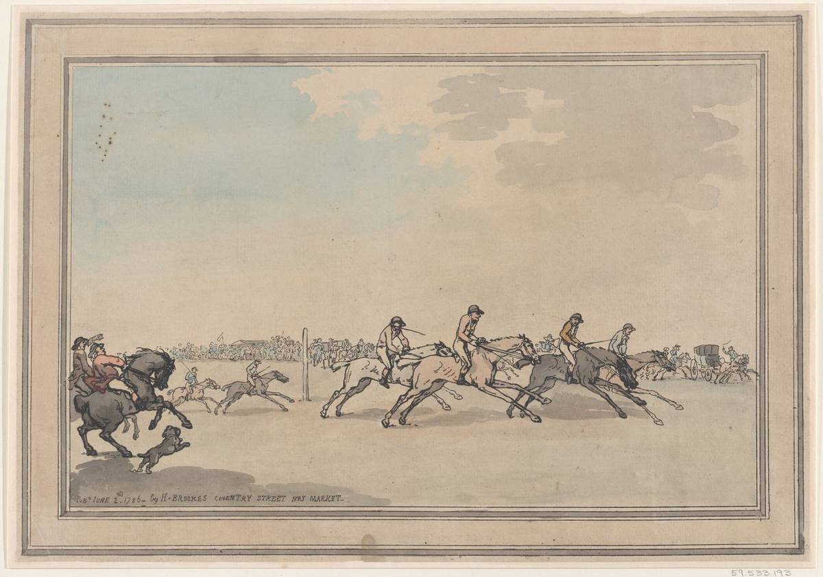 The Start, hand-colored etching and aquatint by Thomas Rowlandson