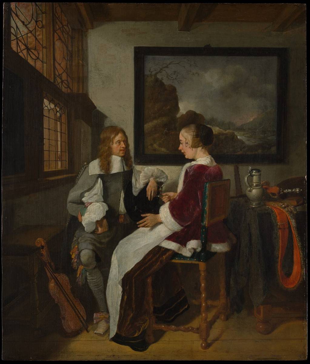 Sentimental Conversation, oil on wood by Quirijn van Brekelenkam