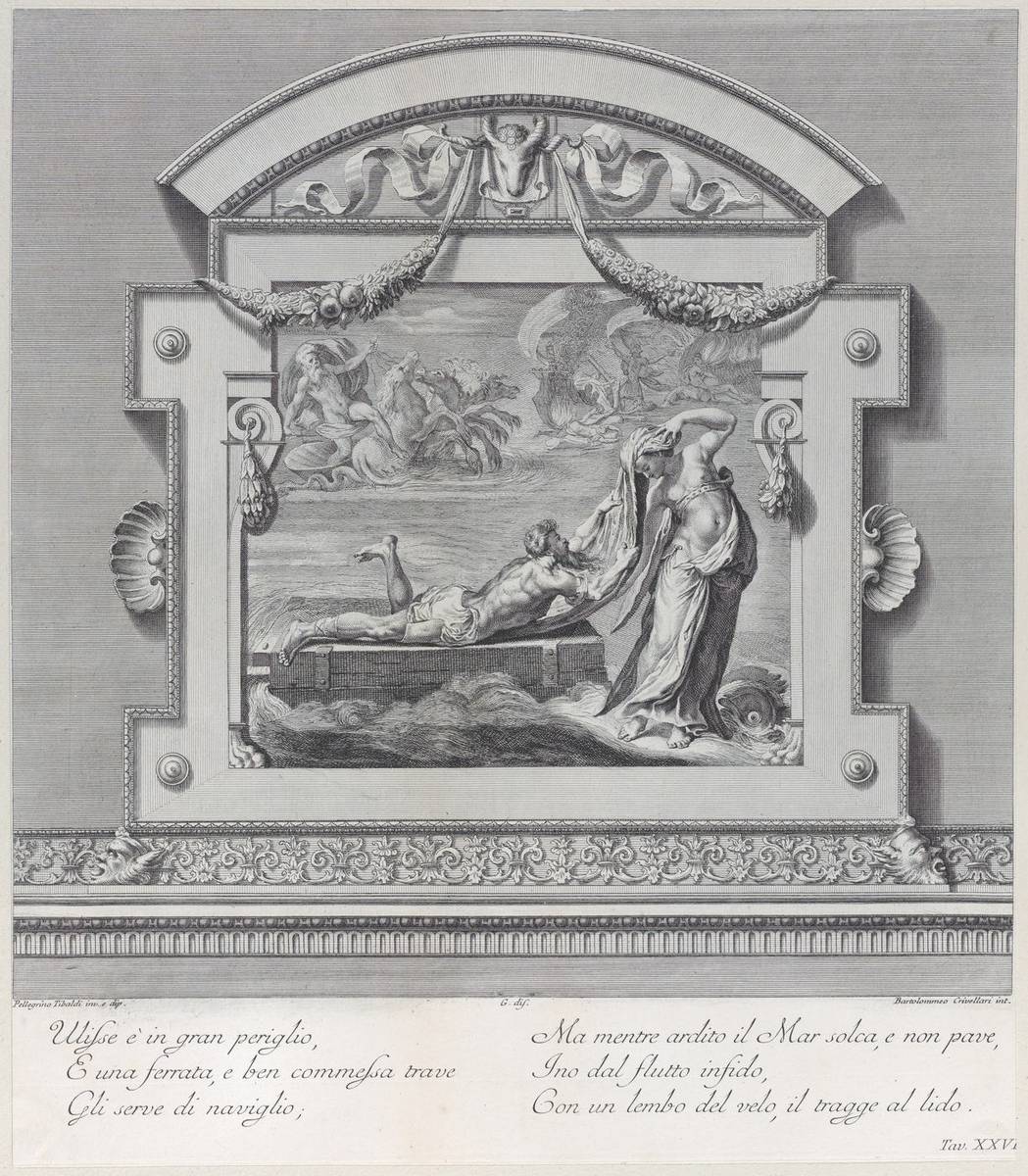 Plate 26: Ulysses escaping on a raft with the aid of the sea deity Leucothea, etching and engraving by Bartolomeo Crivellari