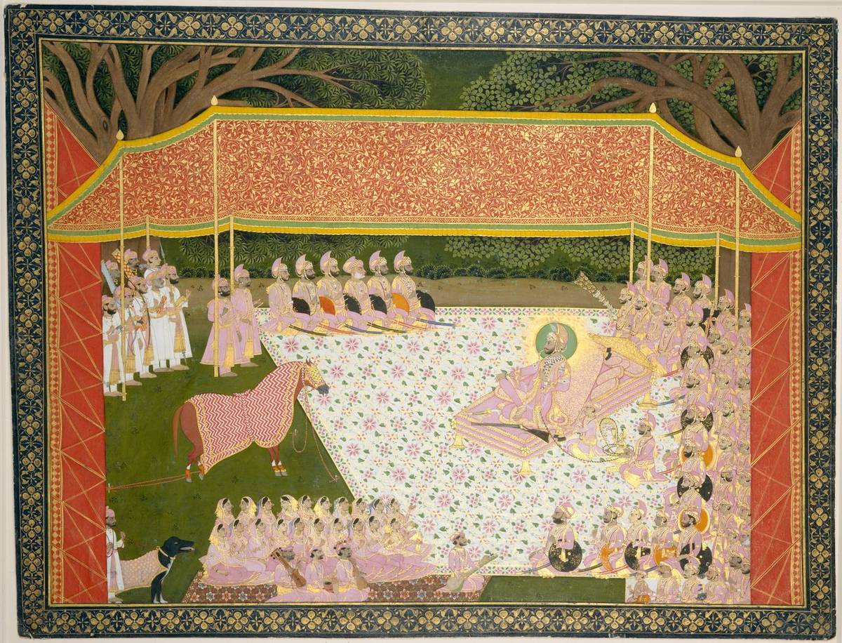Maharana Sarup Singh Inspects a Prize Stallion, opaque watercolor, ink, and gold on paper by Tara