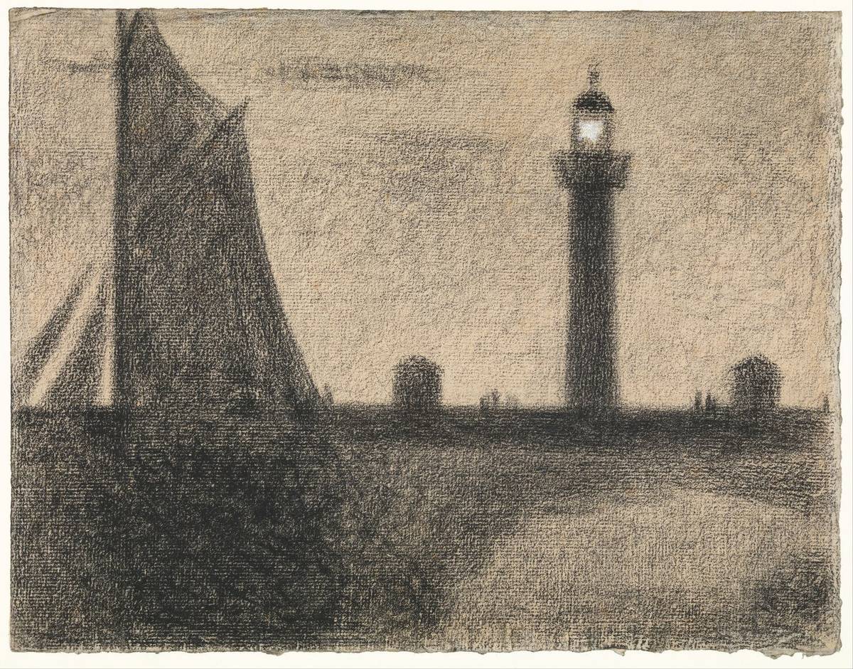 The Lighthouse at Honfleur, conté crayon heightened with gouache on laid paper by Georges Seurat