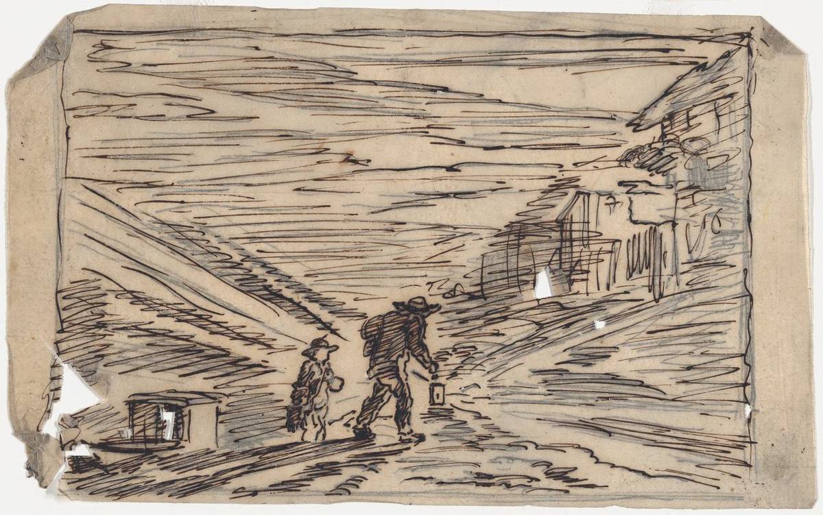 The Search for an Inn, pen and ink on tracing paper, redrawn in graphite on verso by Charles-François Daubigny