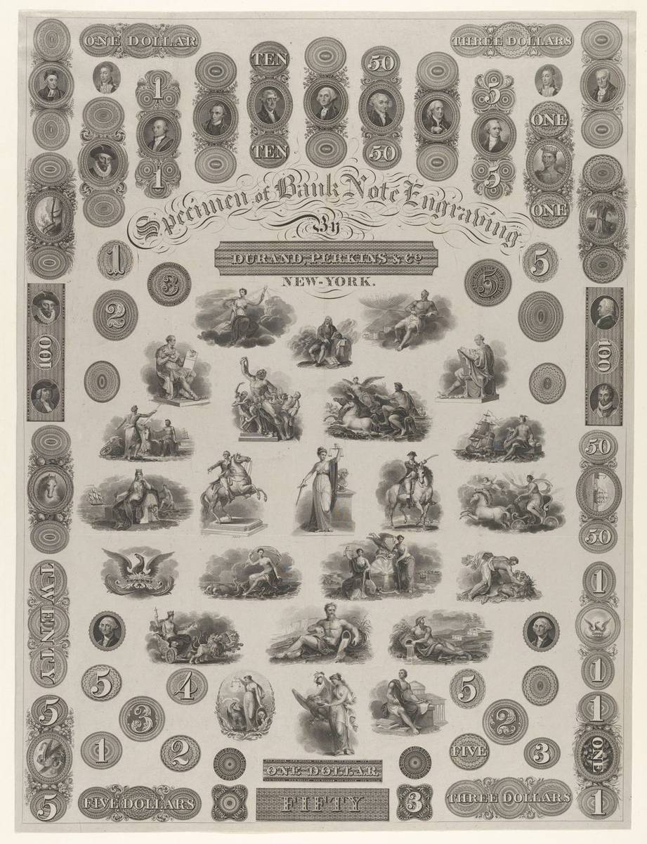 Specimen Sheet of Bank Note Engraving, engraving by Asher Brown Durand