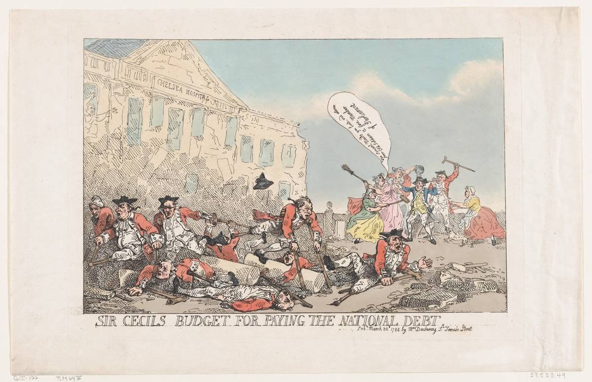 Sir Cecils Budget For Paying The National Debt, hand-colored etching by Thomas Rowlandson