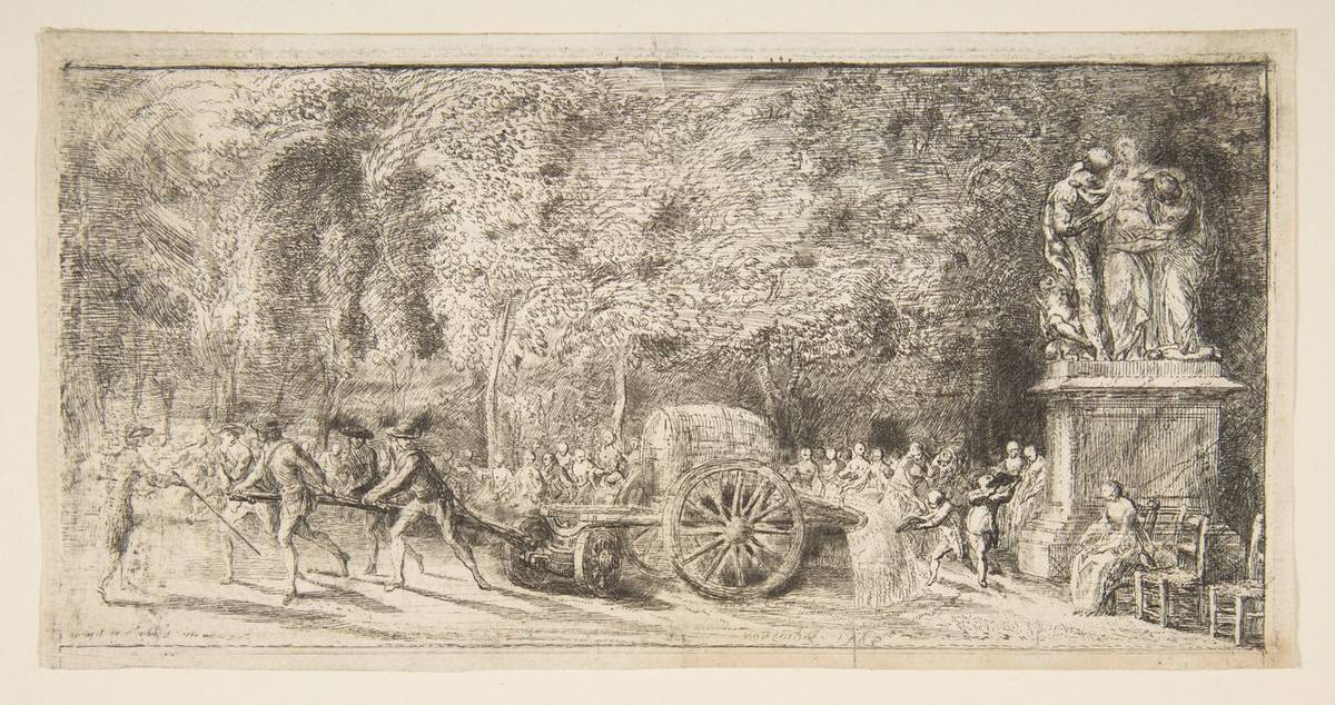 Scene in the Tuileries: The Watering Cart, etching, second state by Gabriel de Saint-Aubin