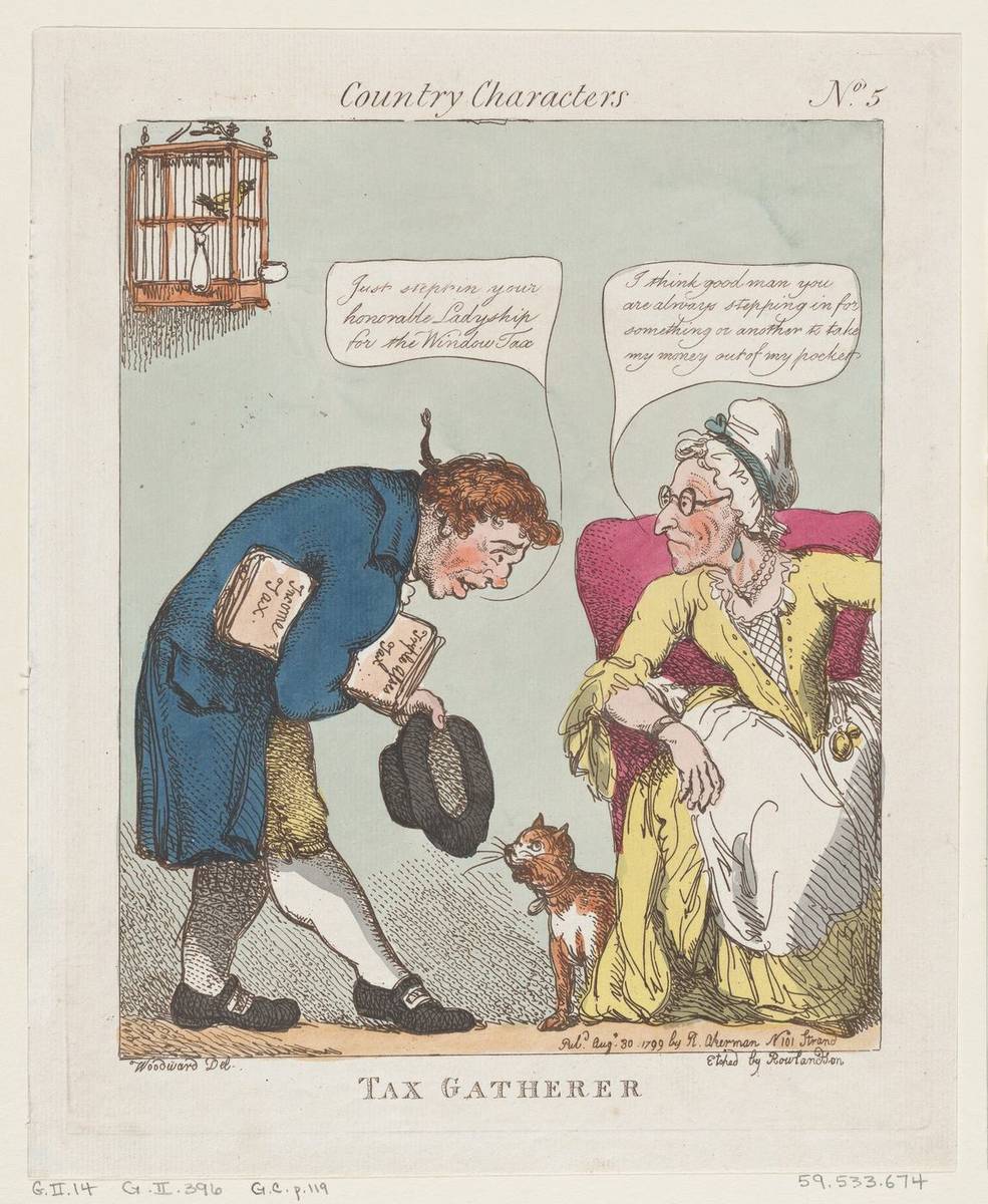 Tax Gatherer, hand-colored etching by Thomas Rowlandson