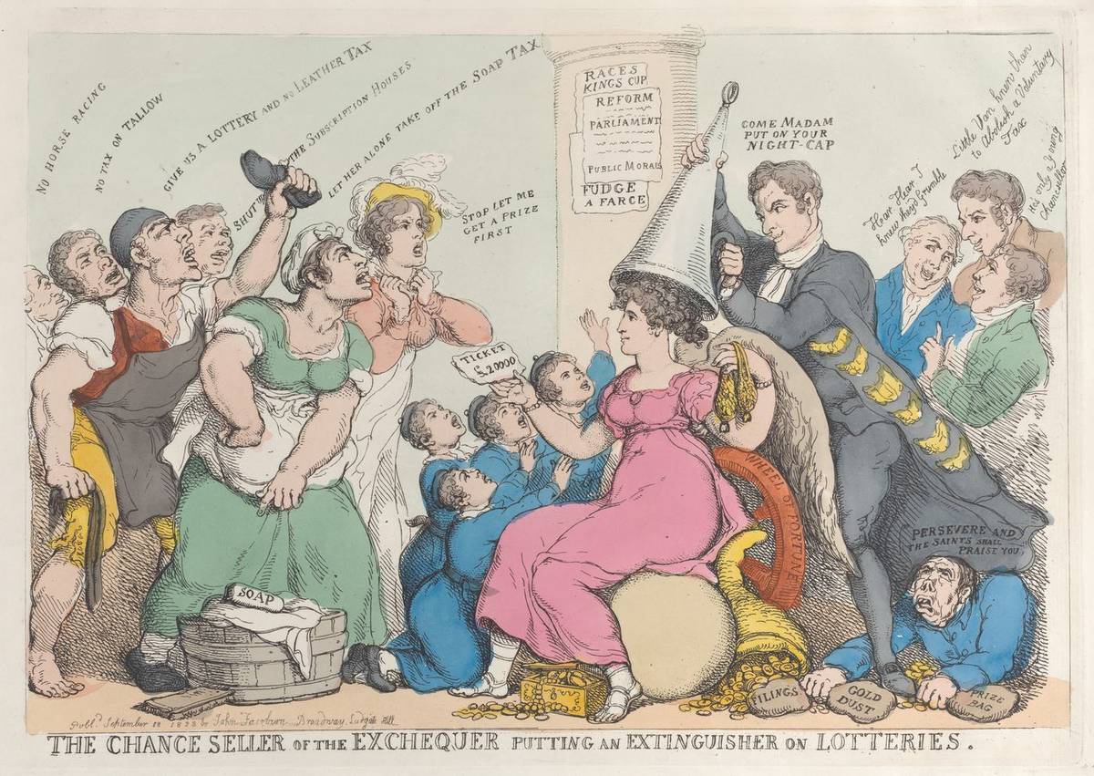 The Chance Seller of the Exchequer Putting an Extinguisher on Lotteries, hand-colored etching by Thomas Rowlandson