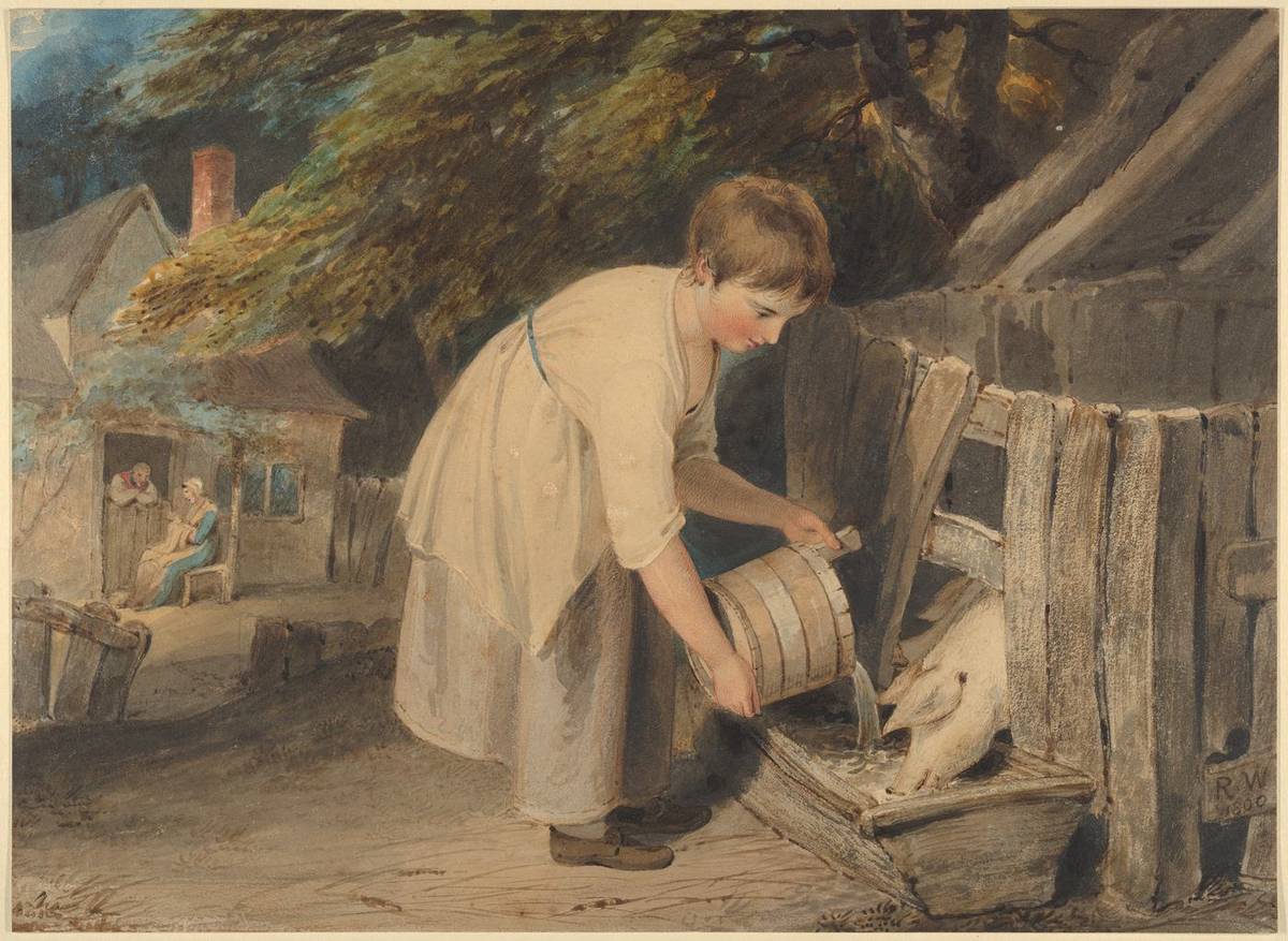 Girl Feeding Pigs, watercolor by Richard Westall