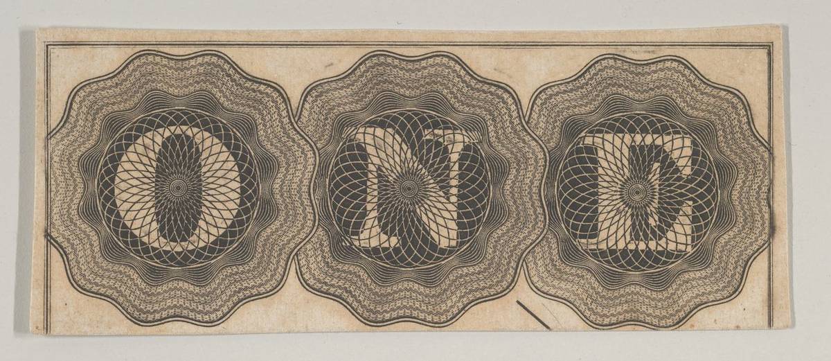 Banknote motif: the word ONE with each letter set against a circle of lathe work, engraving by Cyrus Durand