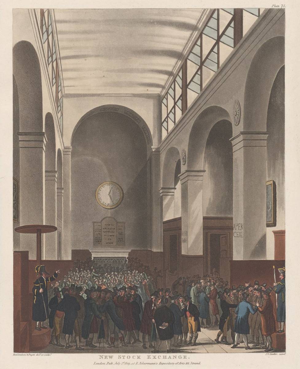 New Stock Exchange, hand-colored etching and aquatint by Thomas Rowlandson